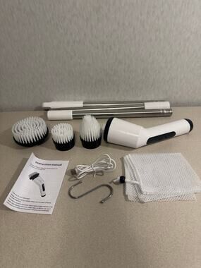Cordless Electric Spin Scrubber Cleaning Brush White Rechargeable Multi Head Set
